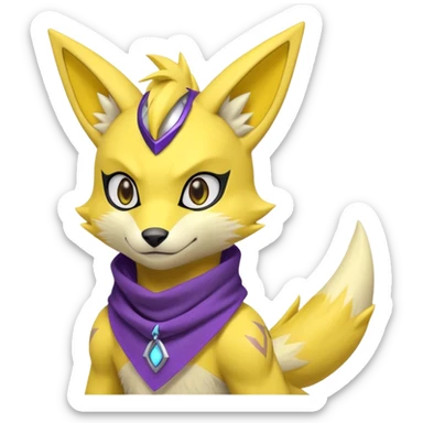 Furry Anthropomorphic Yellow Renamon-Lombard-Zeraora-Toxtricity-Pokémon-Digimon-Fakémon-fusion with purple lightning-bolt-markings, and facial markings, black bandanna scarf sticker