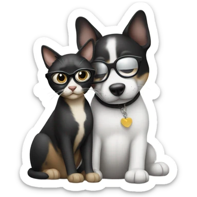a cat in black glasses hugs a dog in black glasses sticker