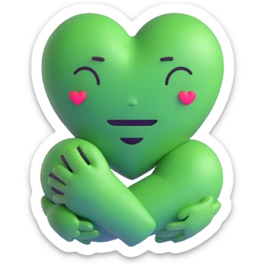 green face emoticon with closed eyes hugging a green heart, expressing care and support sticker