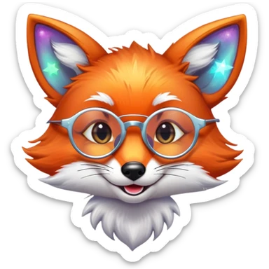 A sly fox with iridescent fur, a glowing tail, a silver star on its forehead, and round glasses, giving a mischievous smirk sticker