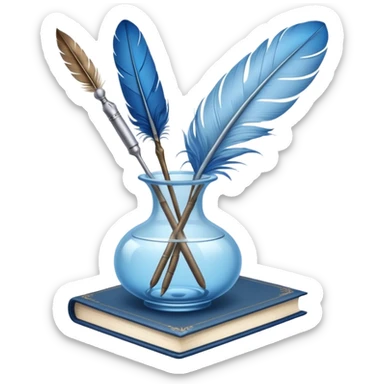 vintage blue book, pale blue flowers in a transparent vase, feather quill pen, concise iOS emoji sticker