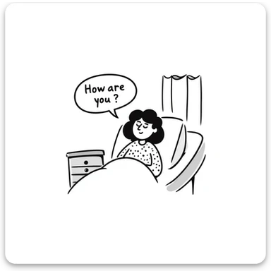 a patient sitting up in a hospital bed smiling gently, speech bubble saying 'How are you?', hospital curtains and bedside table in background sticker