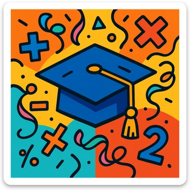 vibrant image of a graduation cap surrounded by math symbols and streamers, representing the end of math class sticker