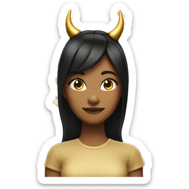 Girl with tan skin devil horns with white and gold on each side gold shirt black hair sticker