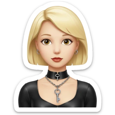 Dominatrix with blonde hair, latex outfit, old fashioned key necklace sticker