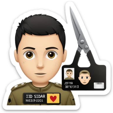 black Scissors cutting an idf soldier ID card in 2 parts .hyper realistic sticker