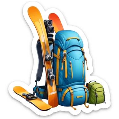 Icon for Mountain Tourism: a snowy peak with skis, a snowboard, climbing equipment, a backpack and a camera. The icon should represent the adventure and excitement of mountain travel and outdoor exploration. Transparent background. sticker