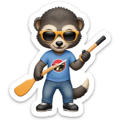 mischievous anthropomorphised honey badger in jeans and a t-shirt, wearing sunglasses, holding a hockey stick sticker