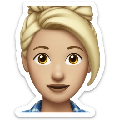 Blonde woman with freckles, blonde hair in a high bun, blue flannel, and gap in her tee sticker