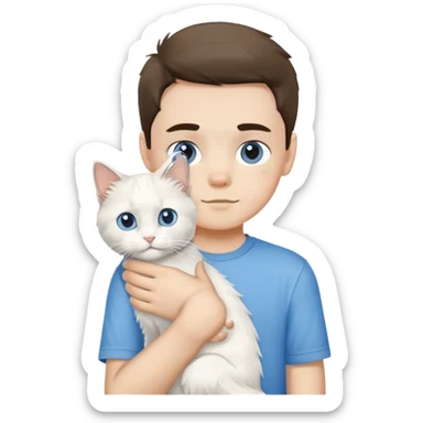 boy wearing blue short sleeve shirt with white ragdoll cat sticker