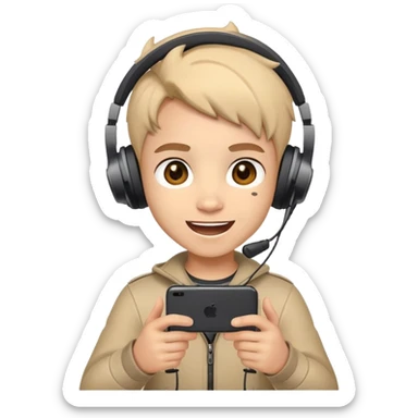 Cute cartoon character with gaming headset holding a mobile phone playing Free Fire, with excited eyes and happy expression sticker