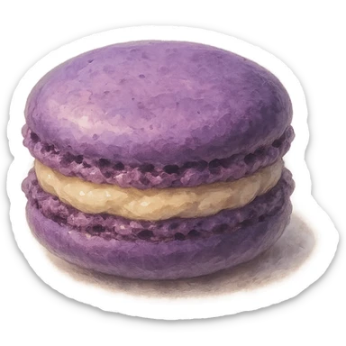 realistic Ghibli style purple macaron with creamy filling, soft painterly look, magical and appetizing sticker