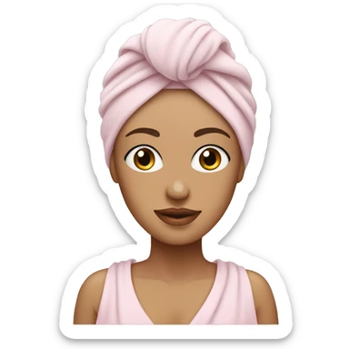White Woman wearing pale pink towel turban with hazel eyes sticker