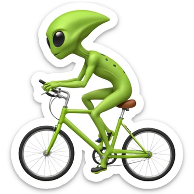 green alien riding a bicycle, big black eyes, thin body, casual cycling pose, playful sci-fi vibe, 3D cartoon, mobile game icon style, clean background, no text, no watermark
 sticker