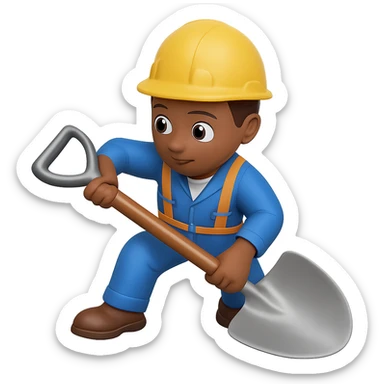 Make the shovel much larger and more prominent in the hands of the person digging, with no background. The style should be consistent with the original image. sticker