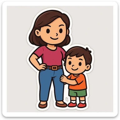 Create an image of a confident mom with a child by her side in the style of cartoonish stickers. The style is sticker, which does not support text editing, so use the general style editor to replicate the sticker look. sticker