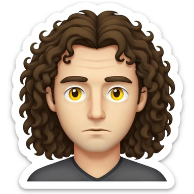 A man with sleppy eyes that are yellow with long to the neck curly brunnete hair who is a lil bit angry sticker