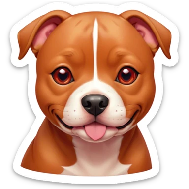 Cinematic Cute Red/Fawn Staffordshire Bull Terrier Portrait Emoji, Head tilted playfully and inquisitively, featuring a glossy red/fawn Fur with a vibrant sheen and delicate white accents, round, sparkling dark eyes filled with curiosity, Simplified yet irresistibly adorable features, highly detailed, glowing with a warm, friendly glow, high shine, affectionate and spirited, stylized with a touch of whimsy, bright and endearing, soft glowing outline, capturing the essence of a mischievous yet loving pup, so playful it feels like it could bound out of the screen and into your arms! sticker