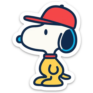Snoopy, outlined and colorful, wearing a red hat sticker