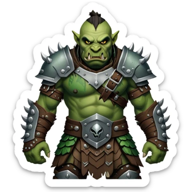 Cinematic Realistic WoW Orc Warrior Portrait, captured in a dynamic, battle-ready stance, muscles bulging beneath intricately detailed tribal armor accented with dark leather and iron. His fierce, determined eyes and battle-scarred green skin are rendered with dramatic natural lighting and high shine, exuding raw, relentless fury in a fierce combat pose. sticker