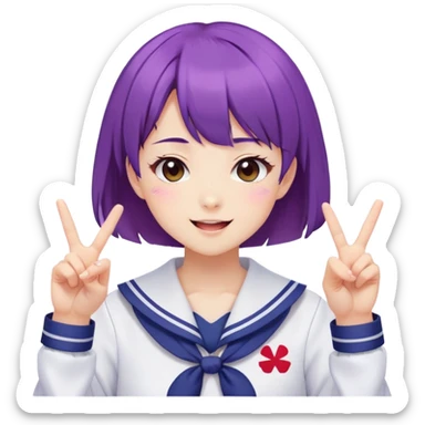 Energetic anime girl with short purple hair wearing Japanese sailor style school uniform, winking and making double peace signs, very cheerful and bubbly, kawaii style sticker