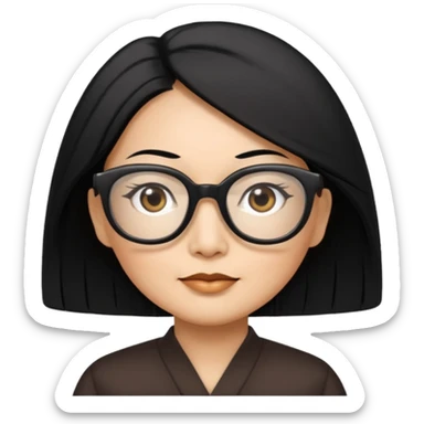 50 yr old asian woman, straight thick long black hair, big black, side part, big glasses sticker