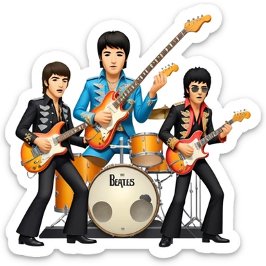 Rock music icon: vibrant stage with electric guitars, drums, and amplifiers. Collage of rock legends—The Beatles, Jimi Hendrix, and Elvis Presley—capturing the rebellious spirit and timeless energy of rock music. Transparent background. sticker