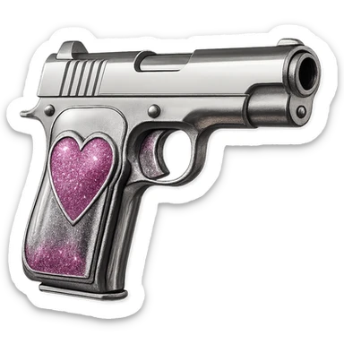 Add sparkling glitter details to the chrome pink heart pistol, keeping the shiny metallic reflections, with no background. sticker