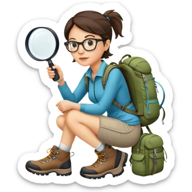 Woman in her 40s with glasses wearing sporty outfit, hiking boots, and backpack, holding a magnifying glass and looking curious sticker