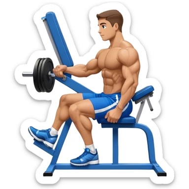 side-view bodybuilder in blue shorts seated weighted calf-raise machine on his tip toes sticker