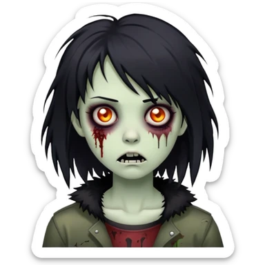 zombie girl with black shaggy hair, medium length, emo look, dark and creepy sticker