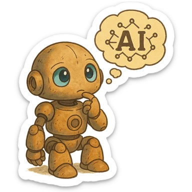 ghibli style cute robot with expressive eyes and a floating thought bubble, symbolizing AI thought sticker