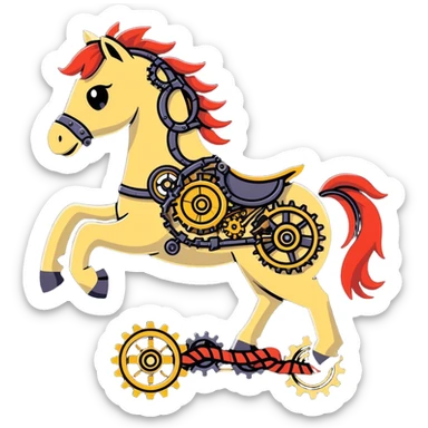 Steampunk mechanical horse with exposed gears, cogs, wires, and rope details sticker