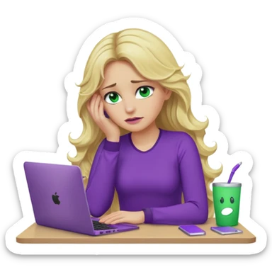 lady with long wavy blonde hair, purple top, green eyes, elbow on desk with hand on face, with a purple mac laptop tears down face. sticker