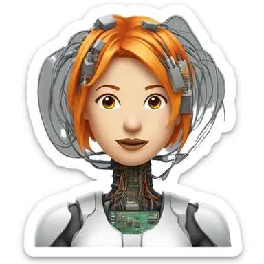 Head of female cyborg with orange hair and circuits wires sticker