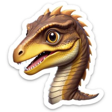 Cinematic Cute jurassic park Velociraptor Portrait Emoji, Head tilted playfully with a cheeky smirk, featuring a compact, agile form with smooth, dark scales and softened, expressive eyes that sparkle with mischievous charm, Simplified yet irresistibly adorable features, highly detailed, glowing with a warm, inviting prehistoric glow, high shine, affectionate and lively, stylized with a touch of whimsical dinosaur mischief, soft glowing outline, capturing the essence of a playful jurassic park Velociraptor that seems as if it could sprint out of the screen into your heart! sticker