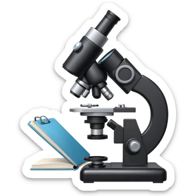 microscope next to a notebook sticker