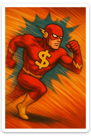Show the superhero running at high speed with strong motion blur, speed lines, and wind effects to visualize velocity. Keep the bold money symbol visible and prominent. sticker