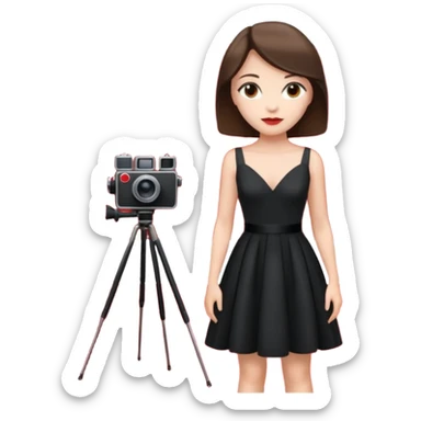 an actress standing on a red carpet with a formal dress, with a film camera next to her. sticker