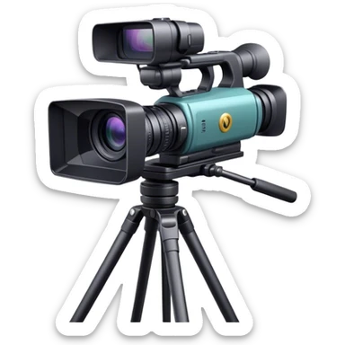 Create an emoji for video recording. Show a  single lens professional video camera with screen and image on it, on heavy tripod. Use modern, professional colors. Do not include any emojis or smiley faces. Make the background transparent. sticker