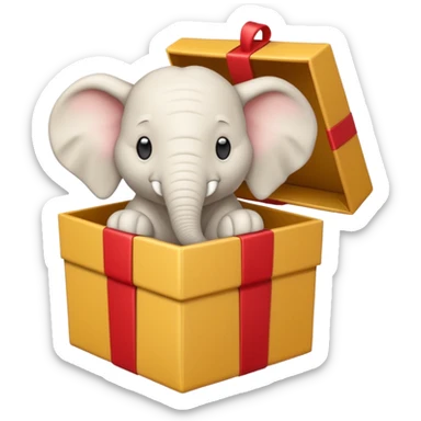 A white elephant popping out of a gift box sticker