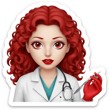 Scary woman scalpel in hand, evil surgeon sexy .  She has red eyes. Her  brown long curly hair. Wears sexy doctor outfit with red gloves. make her hair free and brown but she  wear mouth cover   to hide. Wears white surgeon jacket andpejab only hides lips and nose  eyes sticker
