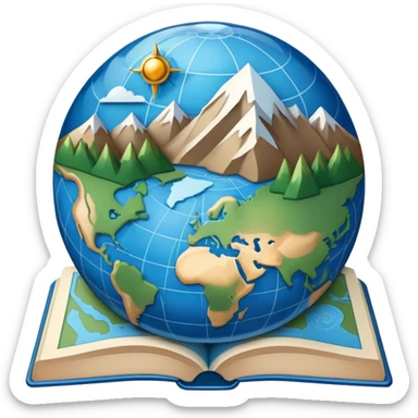 an icon featuring an earth with attitude and longitude lines, a textbook, and a topographic map, symbolizing geography as a science. The design includes a compass, mountain ranges, and rivers, representing the study of Earth's features and landscapes. Transparent background highlights geography. sticker