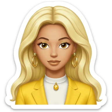Beyonce with long platinum blonde hair, yellow outfit and earring sticker