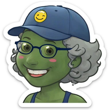 a female, yellow faced emoji, simple style, big smile, winking, blue ball cap on backwards, cartoon, curly grey hair, no eye color, glasses sticker