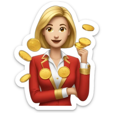 Posh-woman-with-red-suit-holding-golden-coins sticker
