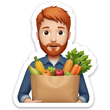 red bearded male holding a grocery bag sticker