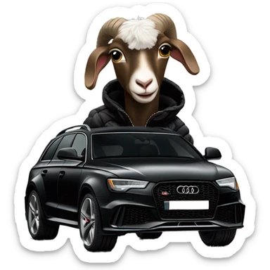 goat in black puffy jacket driving black Audi RS6 sticker