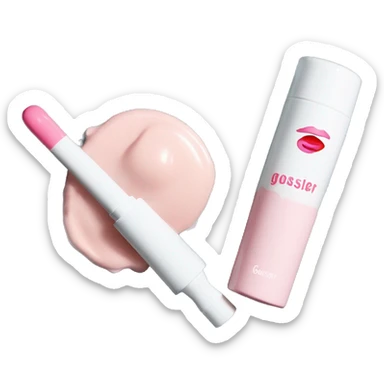 White mascara wand, next to a white cosmetics bag, white and pink lipstick, and a white container with pink blush make the brand glossier  sticker