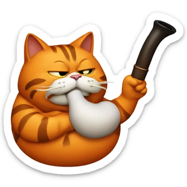 an orange fat Garfield cat smoking a wooden pipe sticker